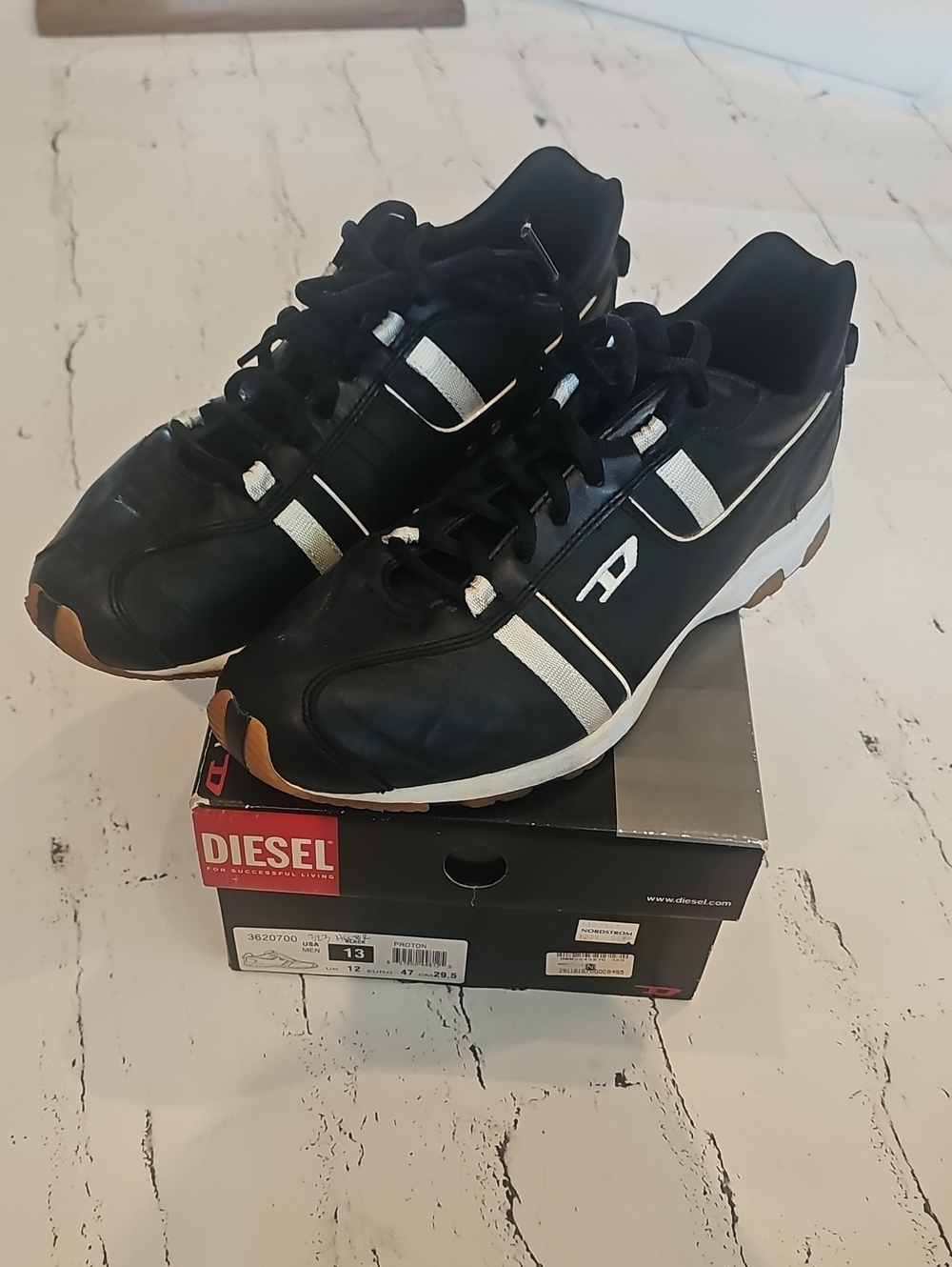 Diesel Black and White Low-Top Sneakers with Brown Toe Accents